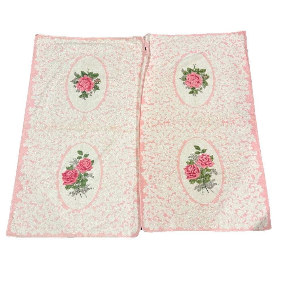 2 Vtg Bath‎ Towel Cannon Royal Family Pink White Double Rose Sculpted Plush EUC